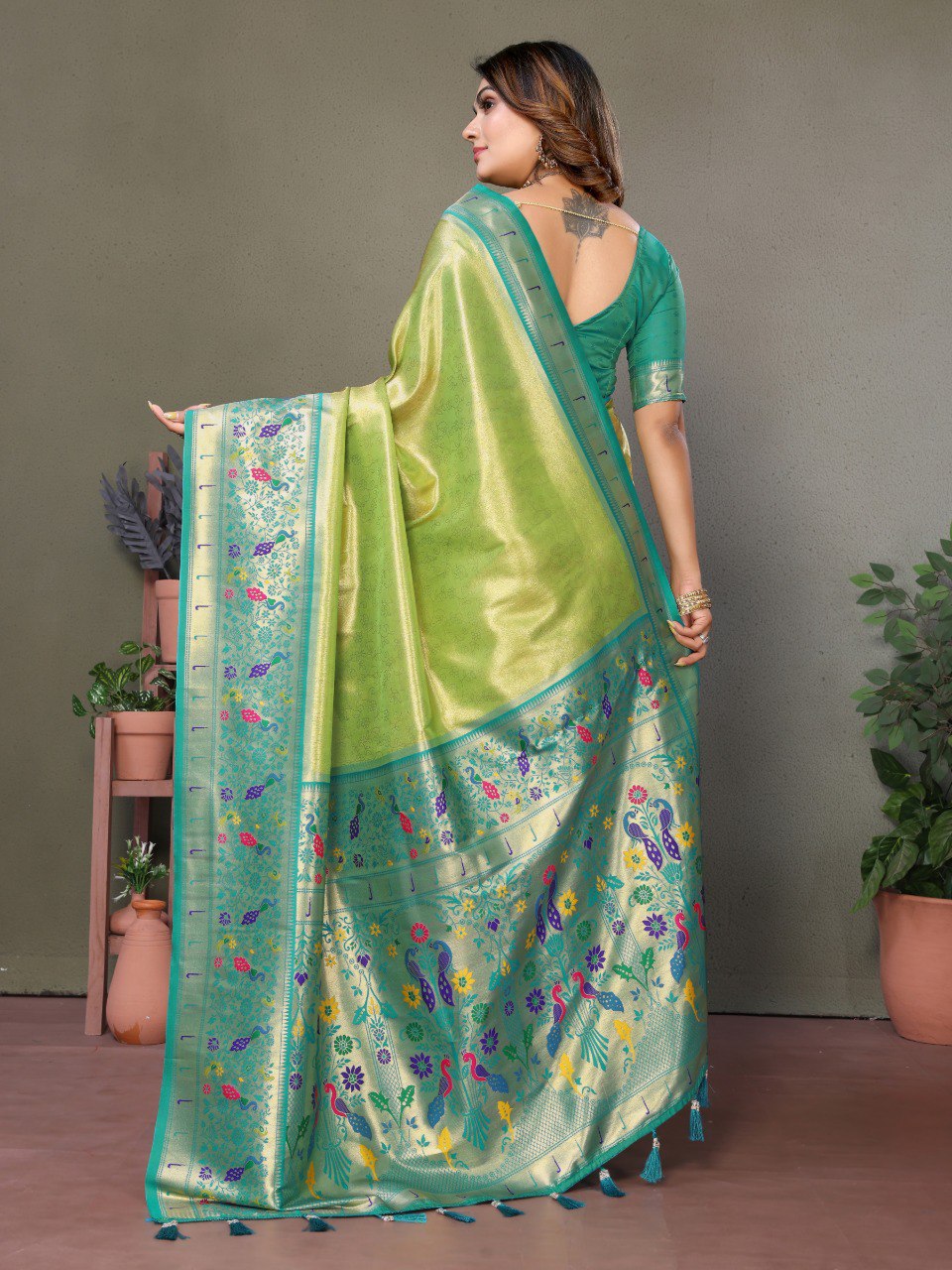 Anaita Light Green Tissue Silk With Paithani Woven Saree With Blouse