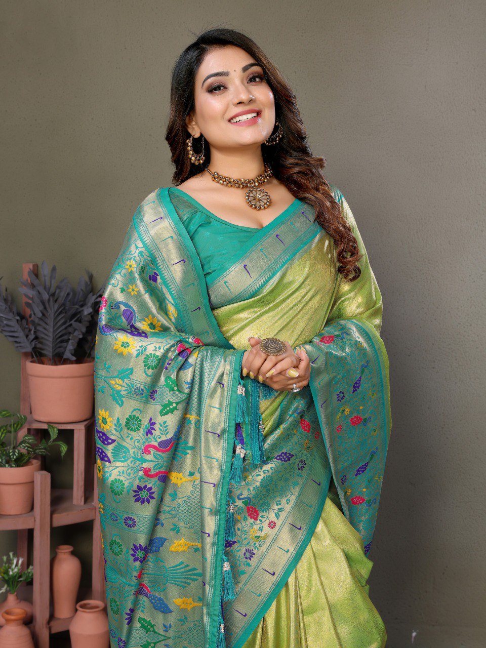 Anaita Light Green Tissue Silk With Paithani Woven Saree With Blouse