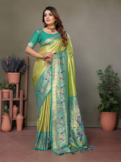 Anaita Light Green Tissue Silk With Paithani Woven Saree With Blouse