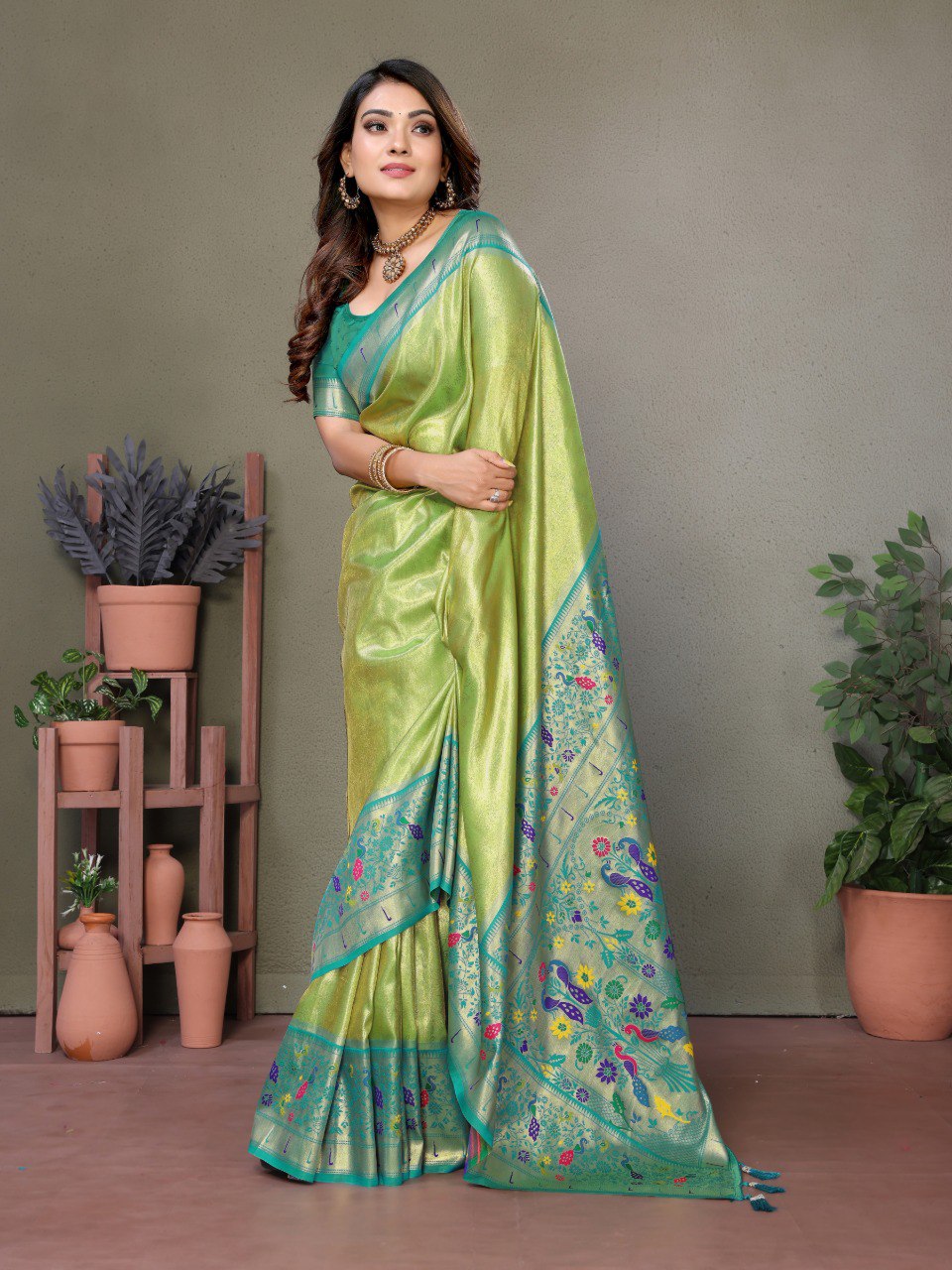Anaita Light Green Tissue Silk With Paithani Woven Saree With Blouse