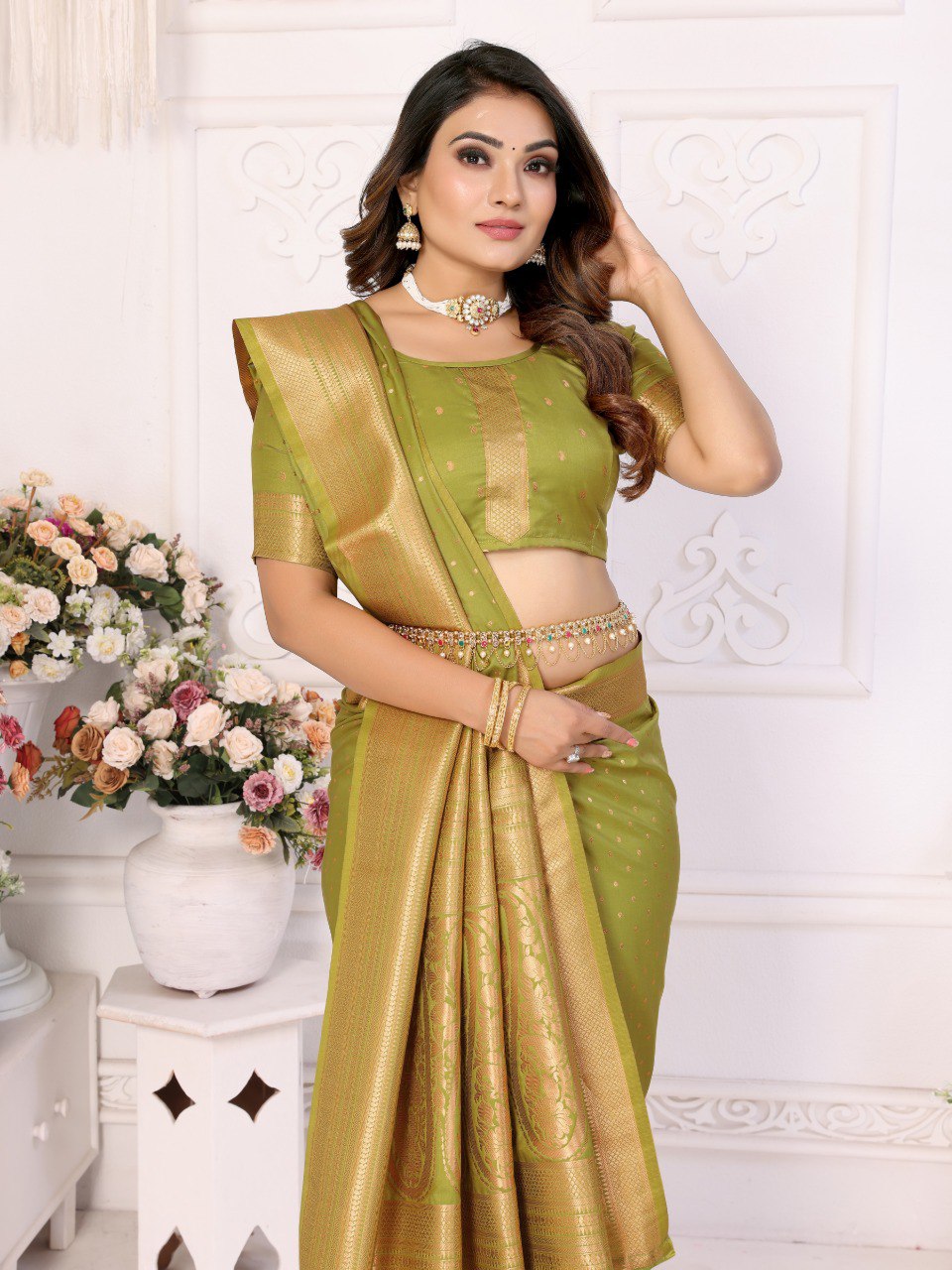 Anaita Green Silk With Zari Weaving Saree With Blouse