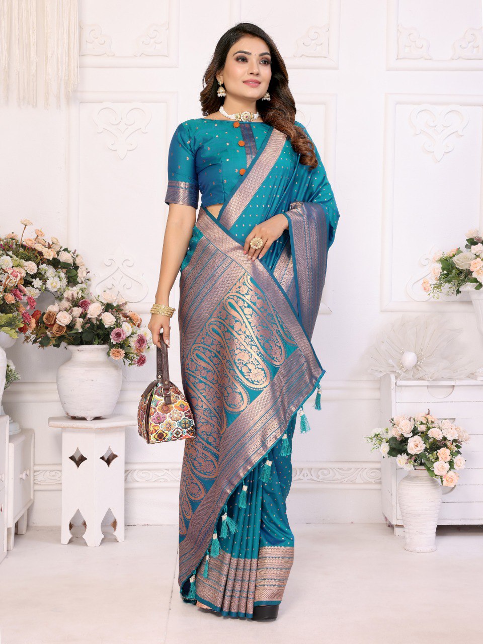 Anaita Blue Silk With Zari Weaving Saree With Blouse