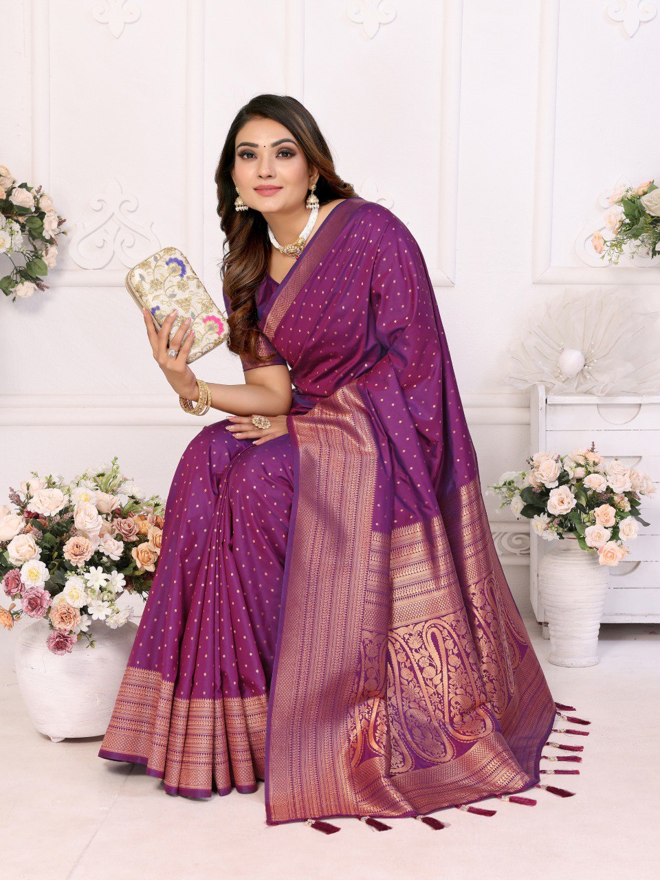 Anaita Dark Purple Silk With Zari Weaving Saree With Blouse