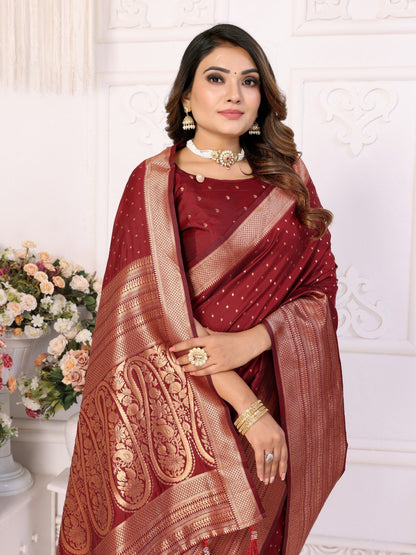 Anaita Dark Maroon Silk With Zari Weaving Saree With Blouse