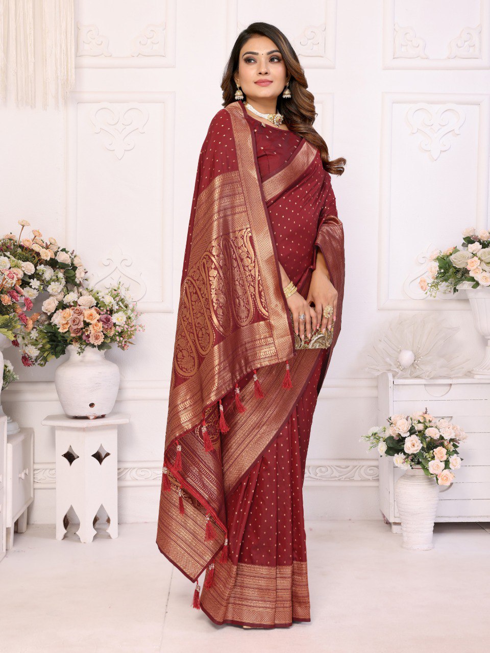 Anaita Dark Maroon Silk With Zari Weaving Saree With Blouse
