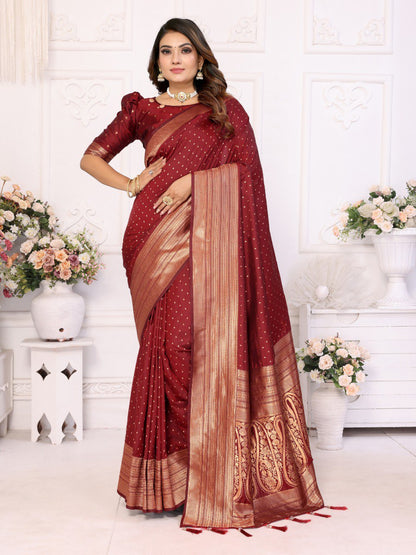 Anaita Dark Maroon Silk With Zari Weaving Saree With Blouse