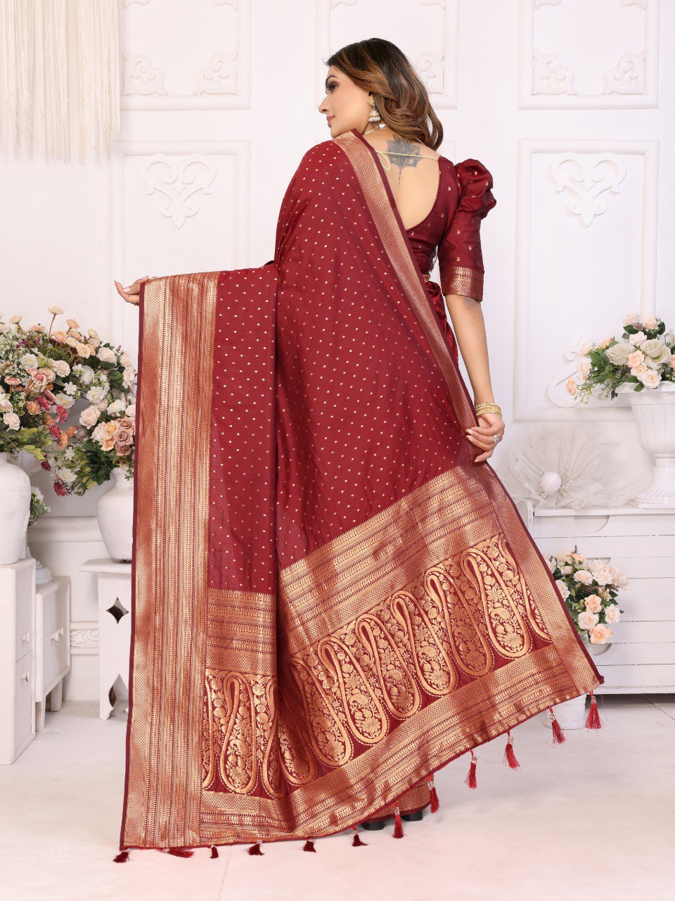Anaita Dark Maroon Silk With Zari Weaving Saree With Blouse