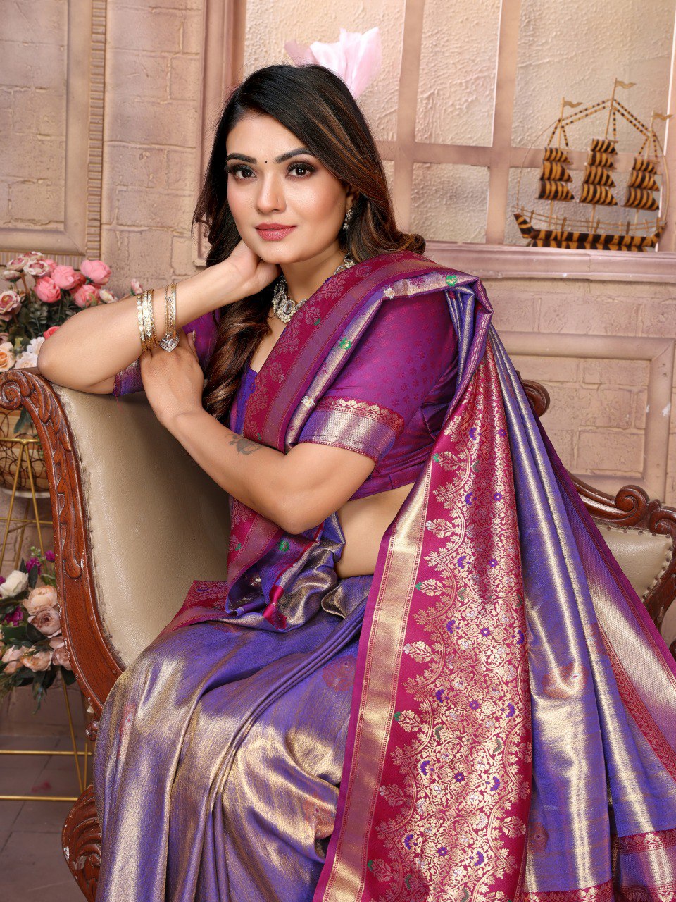 Anaita Lavender Tissue Silk With Weaving Saree With Blouse
