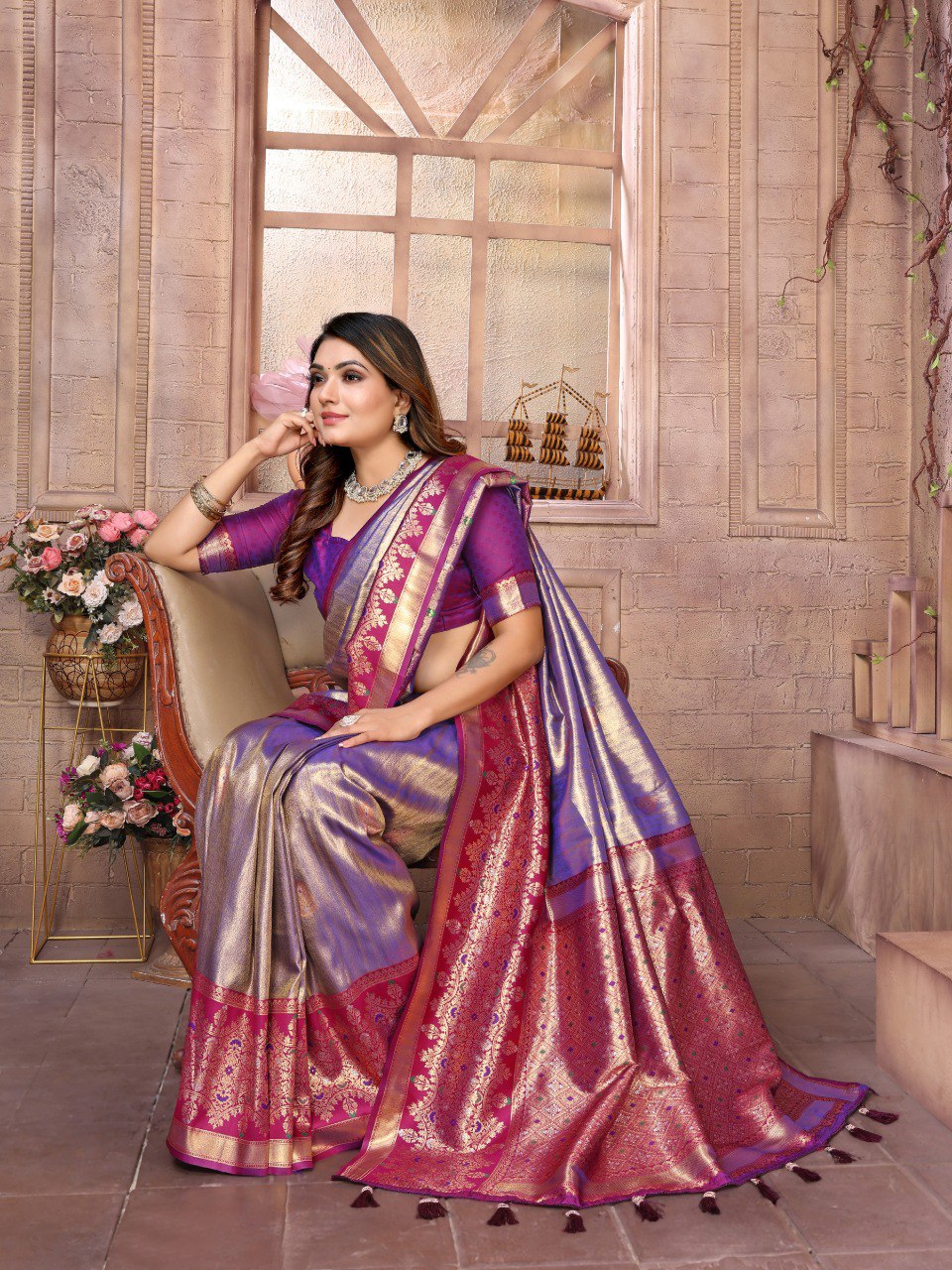 Anaita Lavender Tissue Silk With Weaving Saree With Blouse