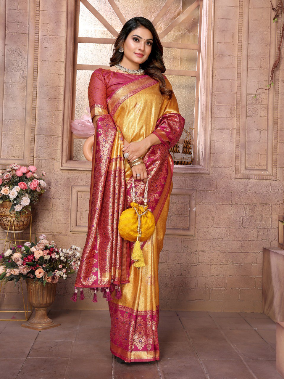 Anaita Yellow Tissue Silk With Weaving Saree With Blouse