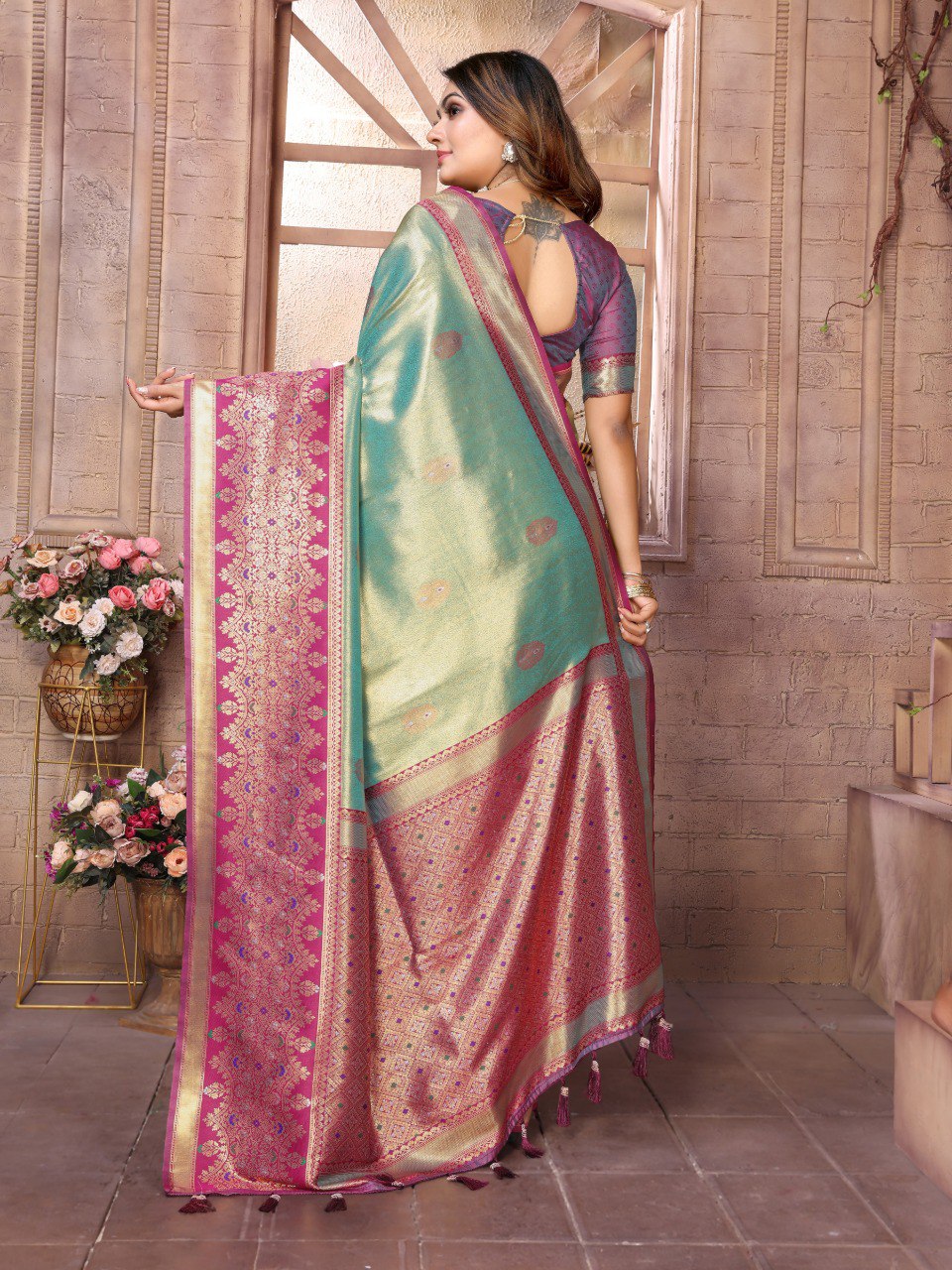Anaita Sea Green Tissue Silk With Weaving Saree With Blouse