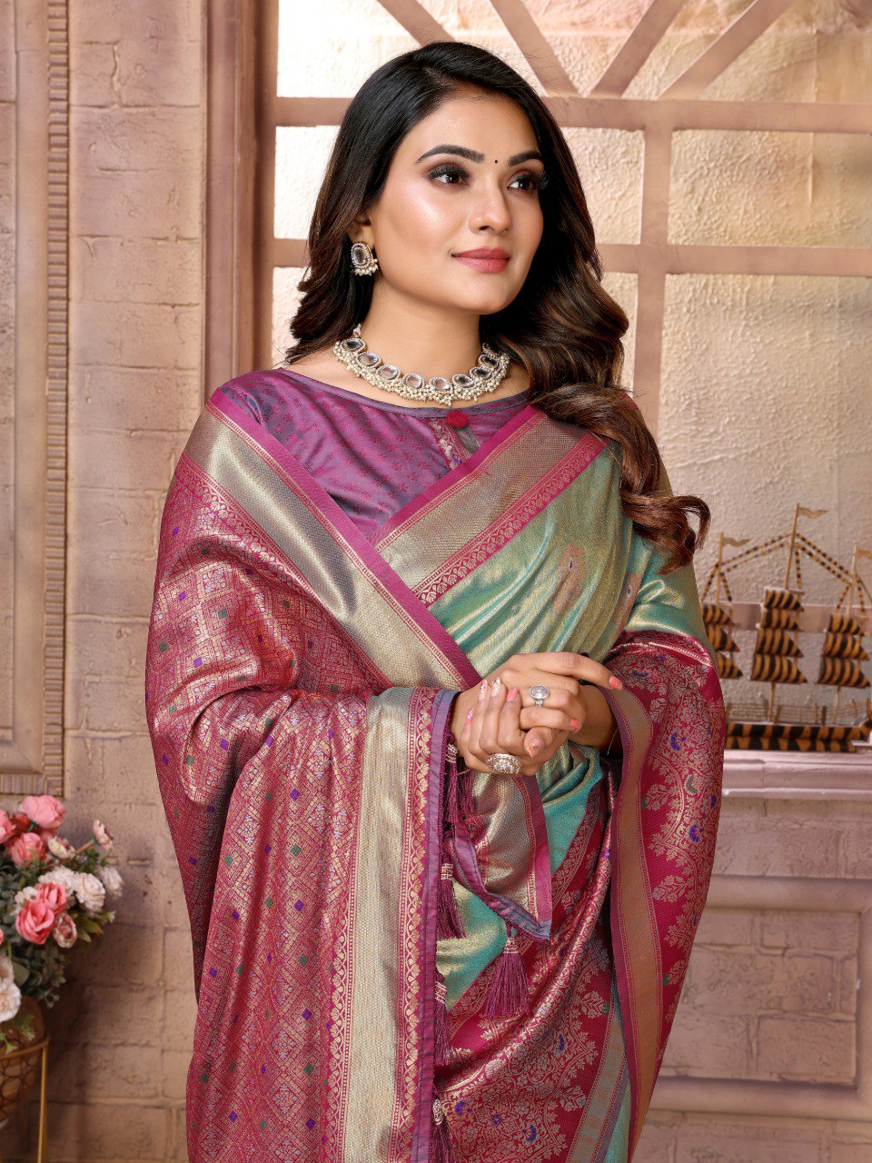 Anaita Sea Green Tissue Silk With Weaving Saree With Blouse
