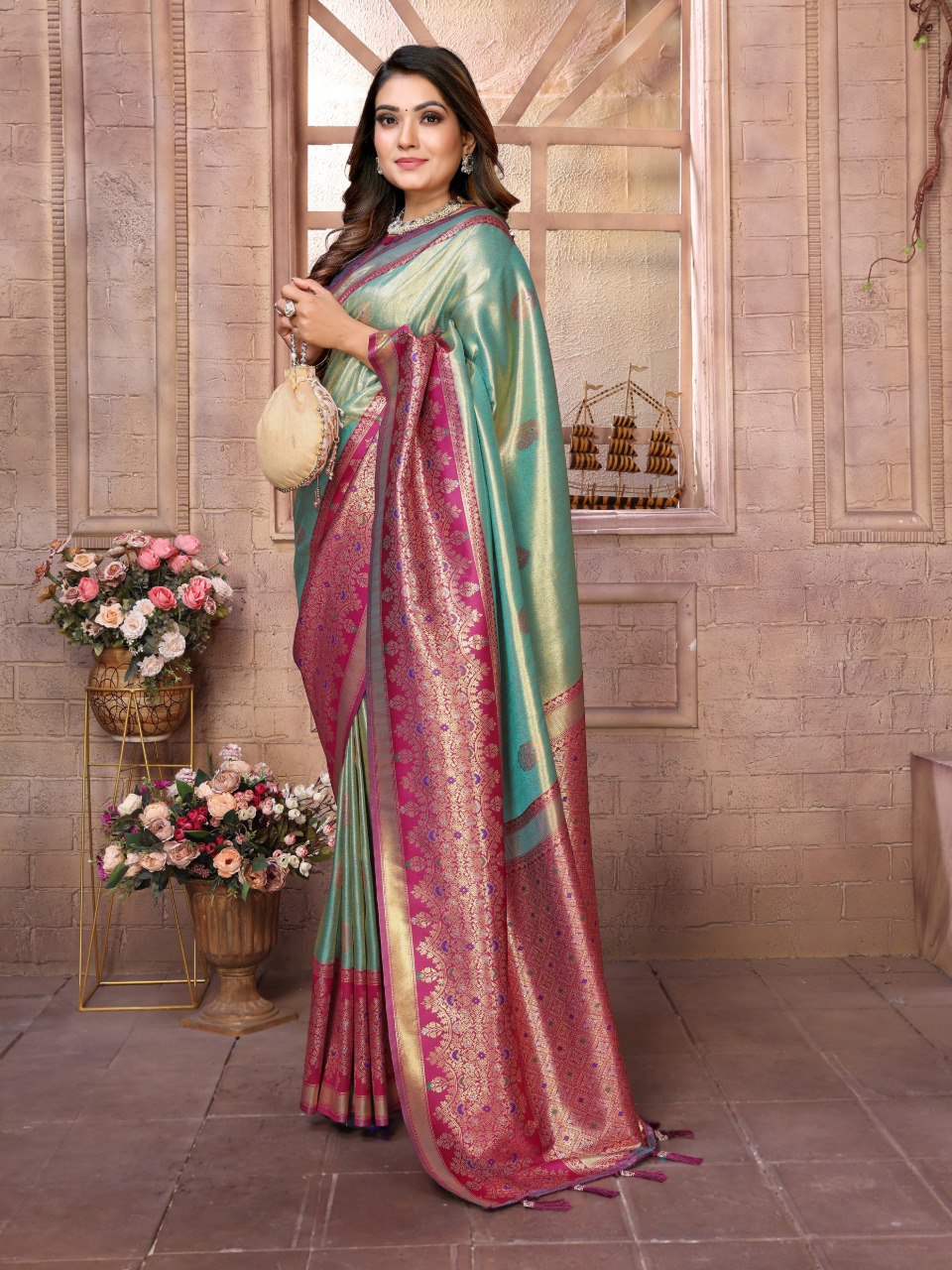 Anaita Sea Green Tissue Silk With Weaving Saree With Blouse