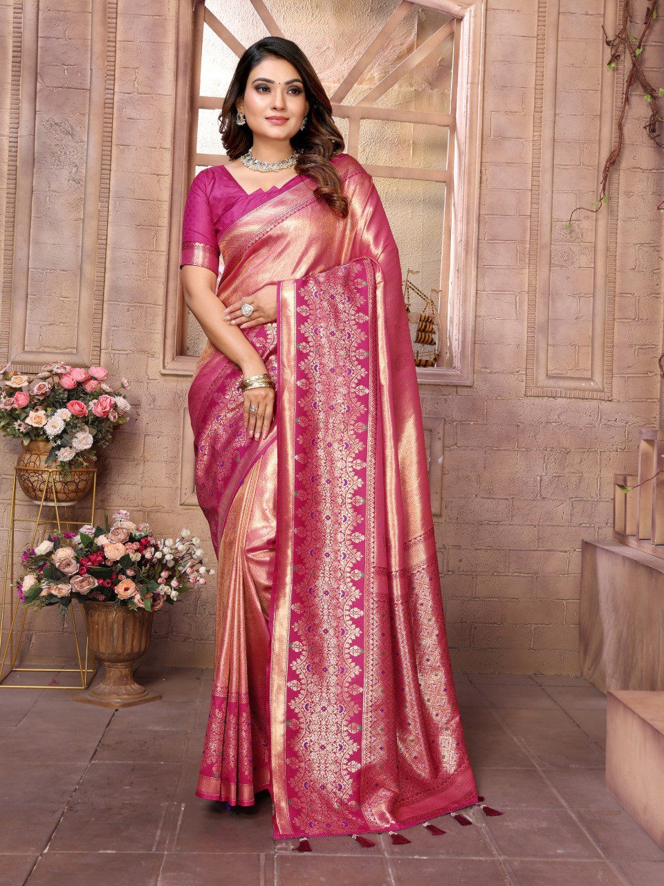 Anaita Peach Tissue Silk With Weaving Saree With Blouse