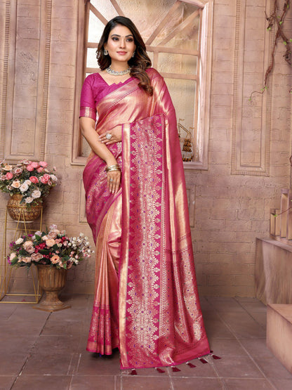 Anaita Peach Tissue Silk With Weaving Saree With Blouse