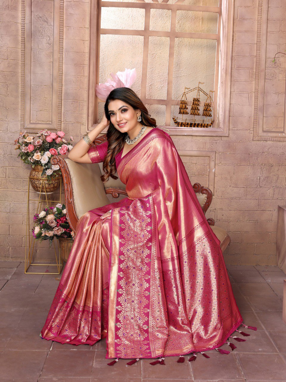 Anaita Peach Tissue Silk With Weaving Saree With Blouse