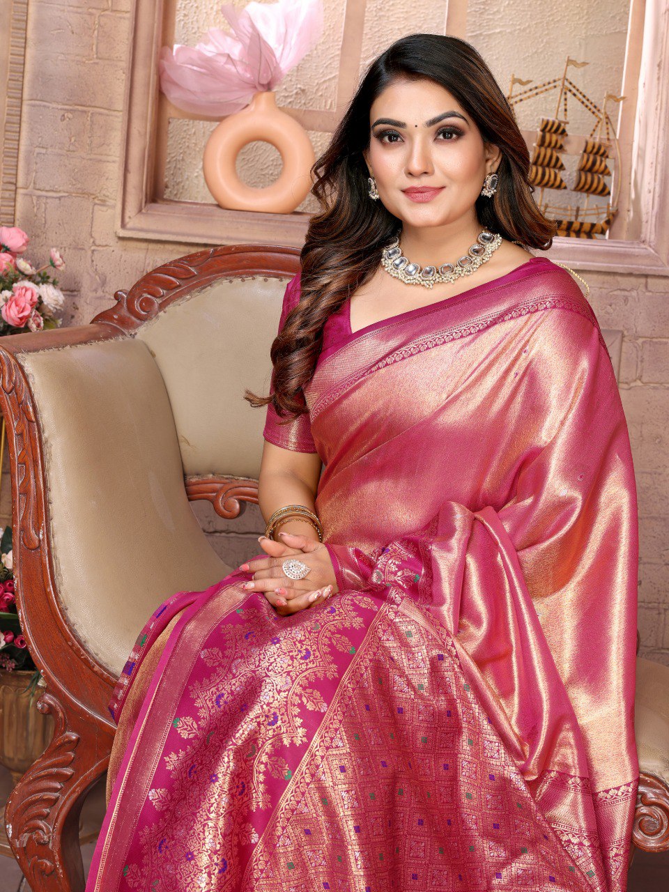 Anaita Peach Tissue Silk With Weaving Saree With Blouse