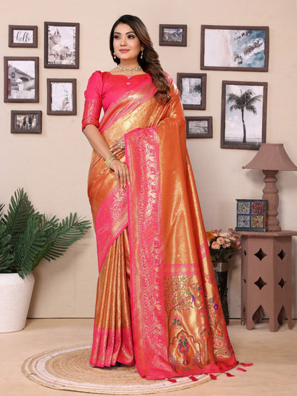 Anaita Orange Tissue Silk With Weaving Saree With Blouse