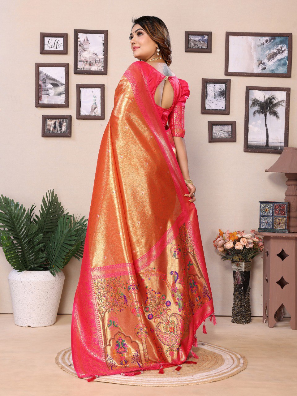 Anaita Orange Tissue Silk With Weaving Saree With Blouse