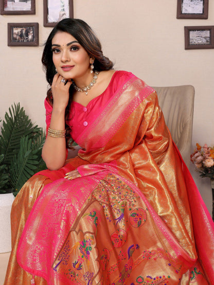 Anaita Orange Tissue Silk With Weaving Saree With Blouse