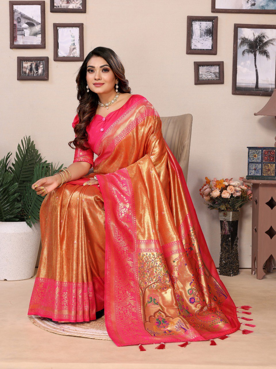 Anaita Orange Tissue Silk With Weaving Saree With Blouse