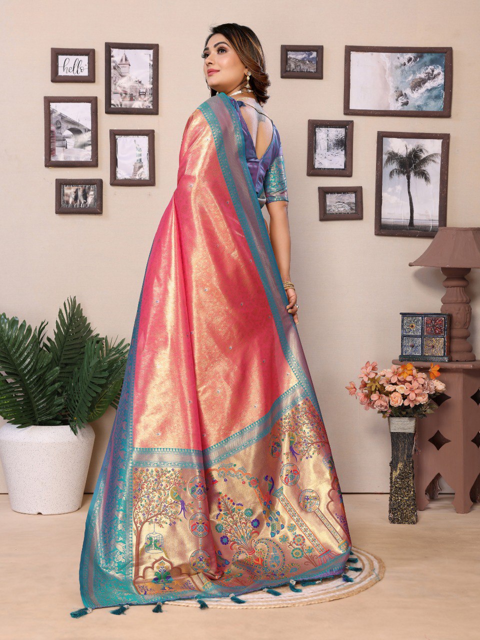 Anaita Light Red Tissue Silk With Weaving Saree With Blouse
