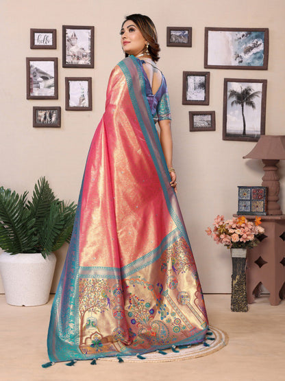 Anaita Light Red Tissue Silk With Weaving Saree With Blouse