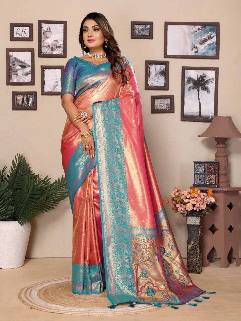 Anaita Light Red Tissue Silk With Weaving Saree With Blouse