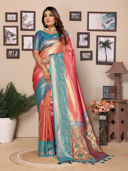 Anaita Light Red Tissue Silk With Weaving Saree With Blouse
