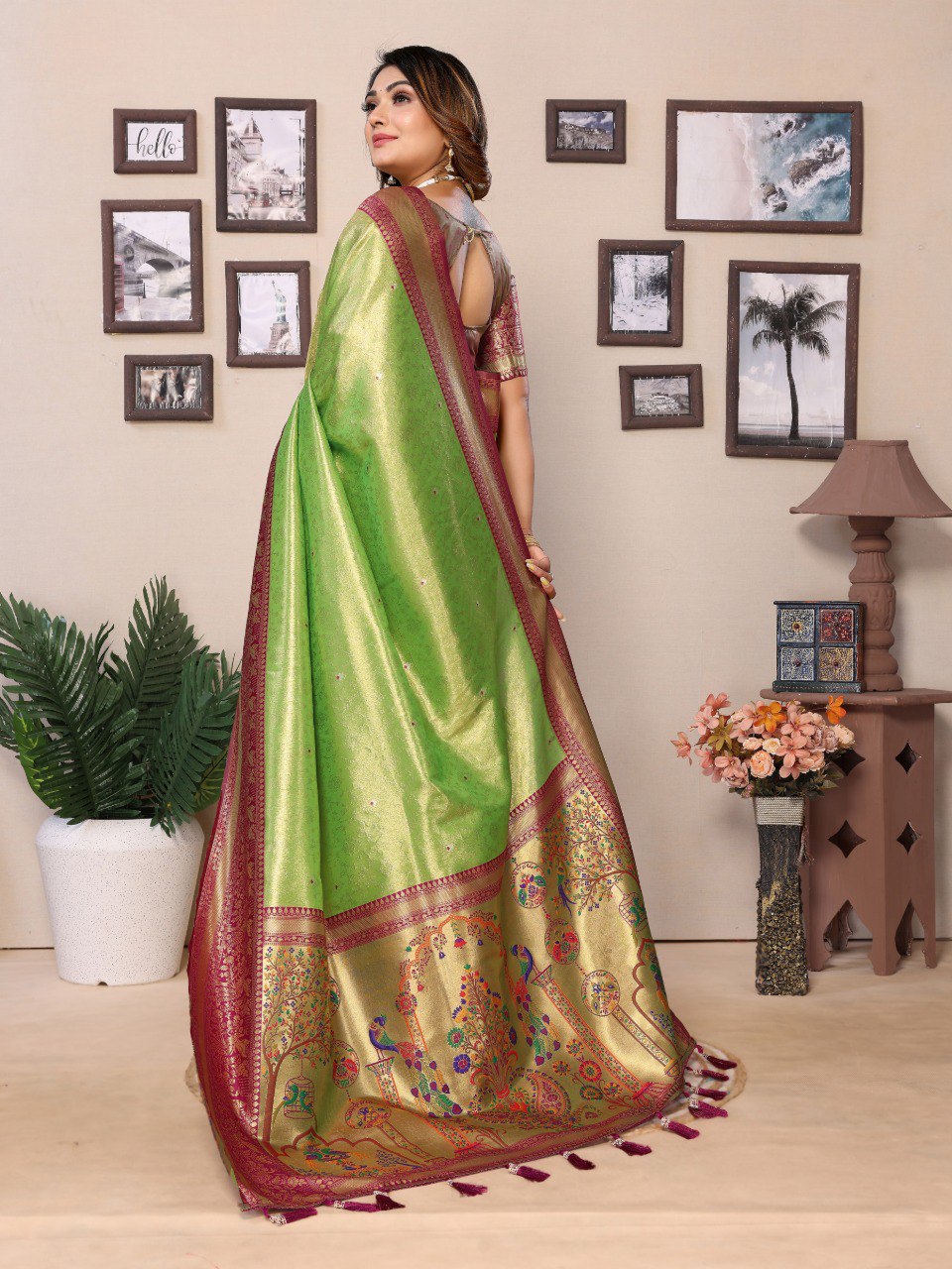Anaita Light Green Tissue Silk With Weaving Saree With Blouse