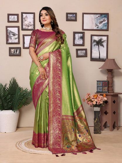 Anaita Light Green Tissue Silk With Weaving Saree With Blouse