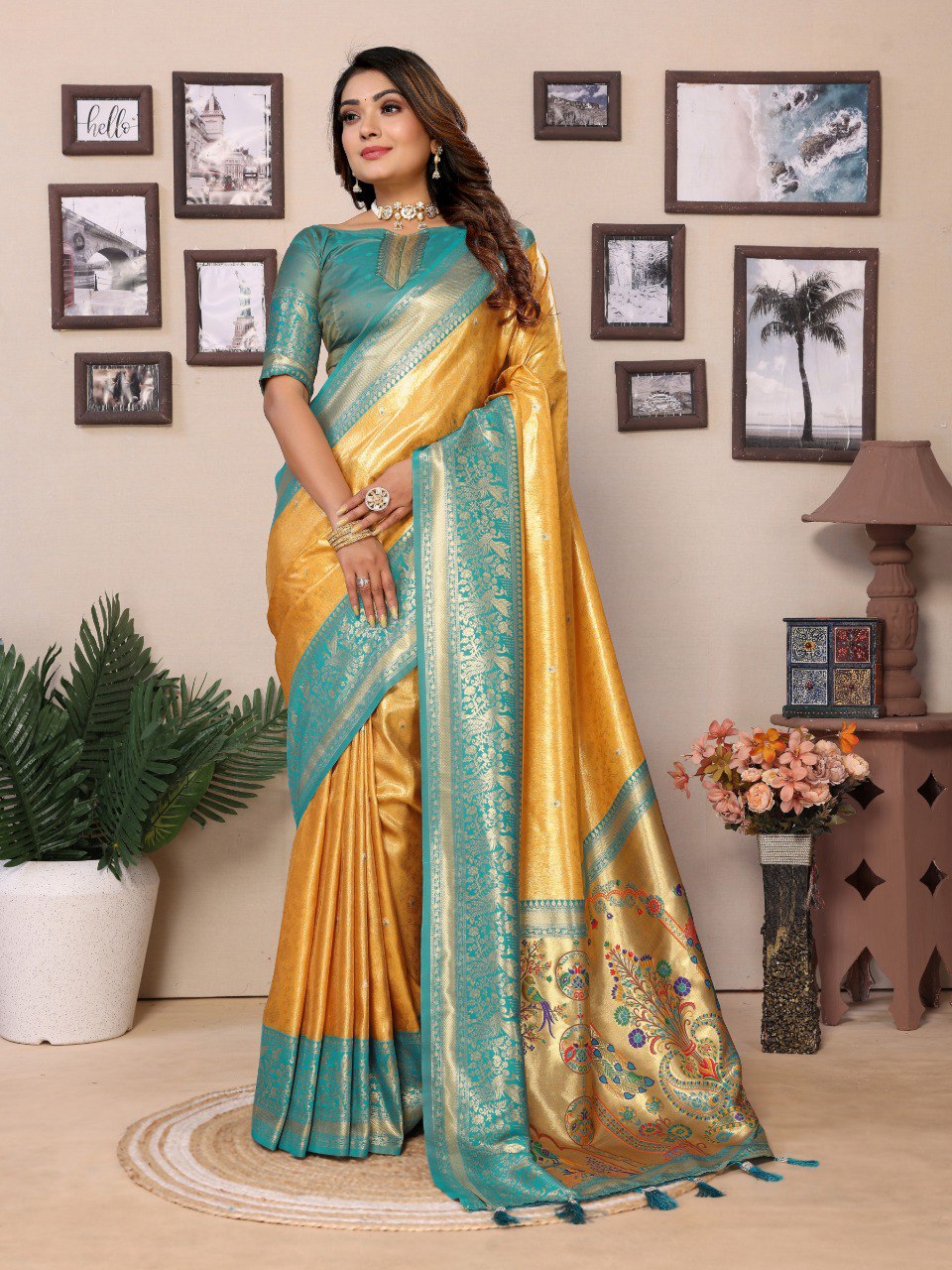 Anaita Dark Golden Tissue Silk With Weaving Saree With Blouse