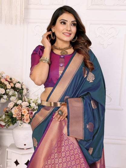 Anaita Navy Blue Silk Weaving Saree With Blouse