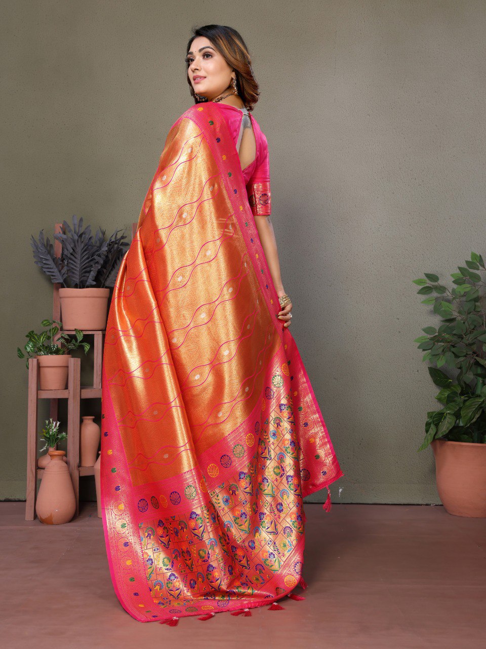 Anaita Orange Tissue Silk With Weaving Saree With Blouse
