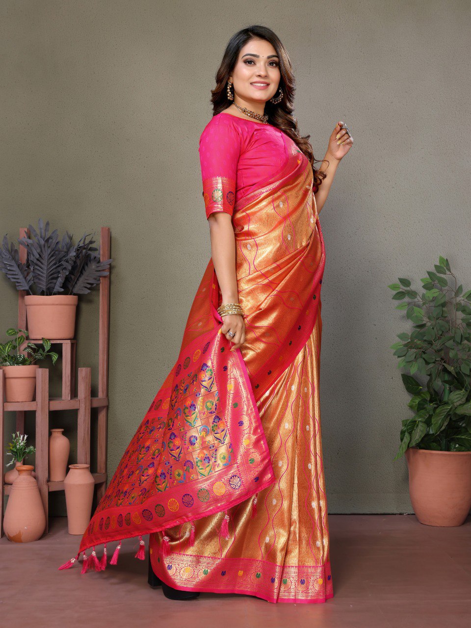 Anaita Orange Tissue Silk With Weaving Saree With Blouse