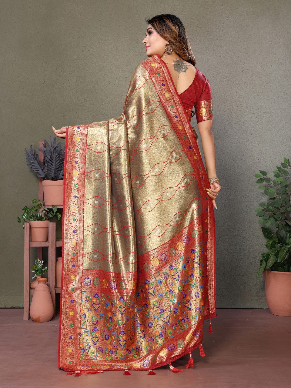 Anaita Light Red Tissue Silk With Weaving Saree With Blouse