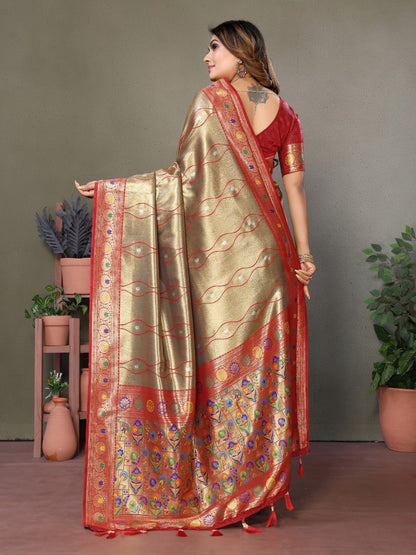 Anaita Light Red Tissue Silk With Weaving Saree With Blouse