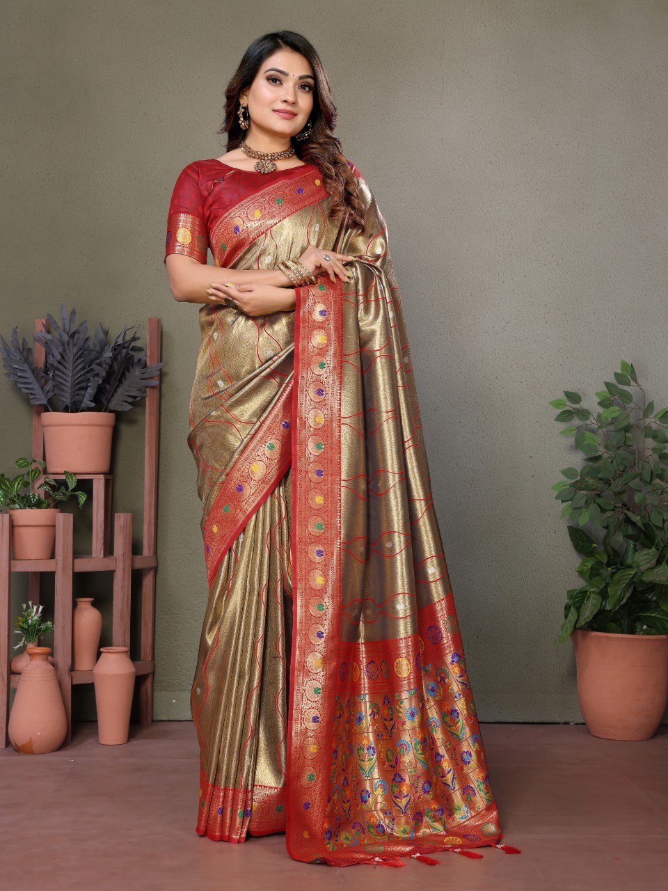 Anaita Light Red Tissue Silk With Weaving Saree With Blouse