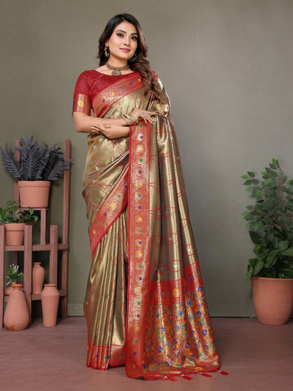 Anaita Light Red Tissue Silk With Weaving Saree With Blouse