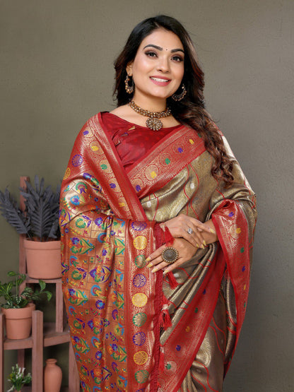 Anaita Light Red Tissue Silk With Weaving Saree With Blouse