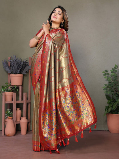 Anaita Light Red Tissue Silk With Weaving Saree With Blouse