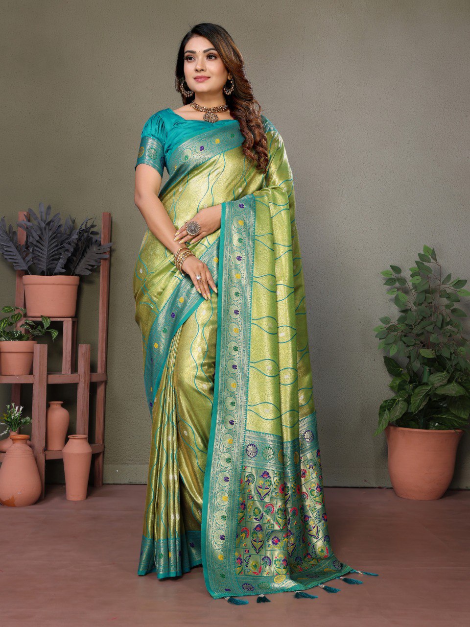 Anaita Green Tissue Silk With Weaving Saree With Blouse