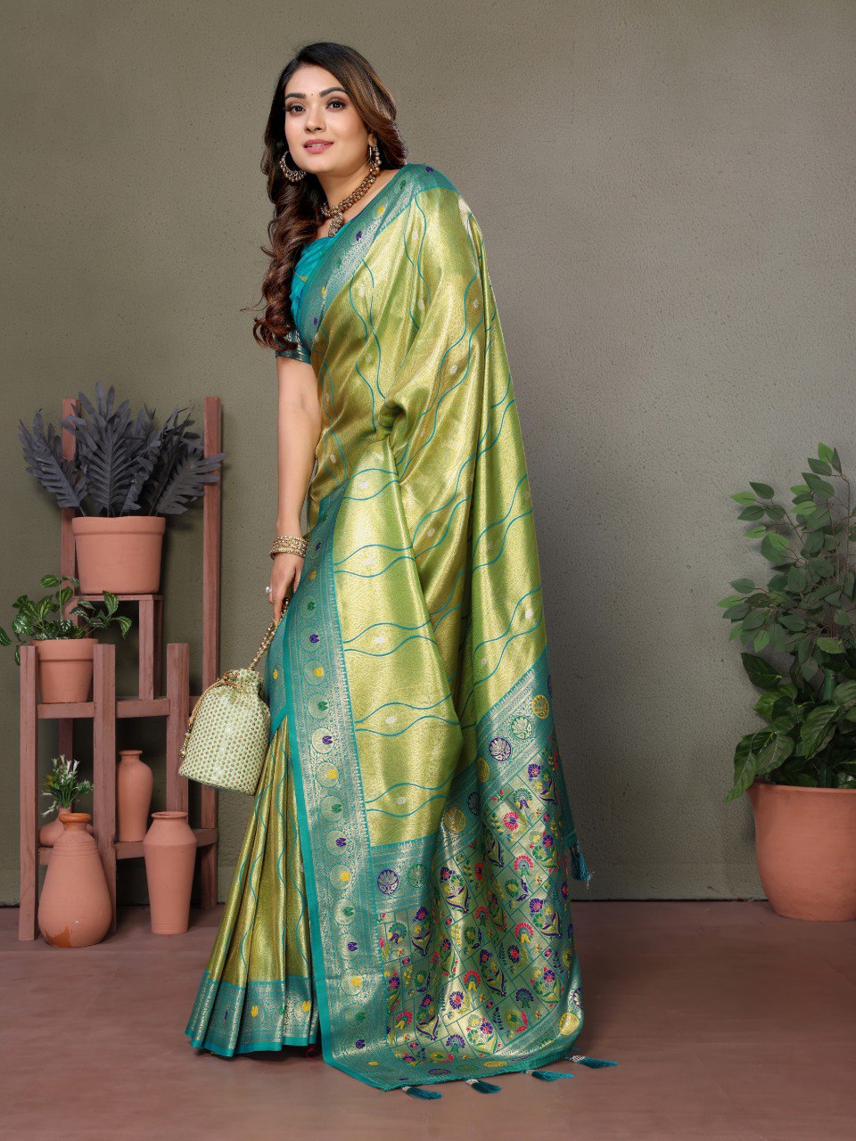 Anaita Light Green Tissue Silk With Weaving Saree With Blouse