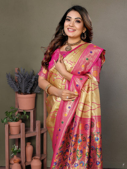 Anaita Light Golden Tissue Silk With Weaving Saree With Blouse
