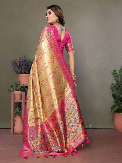 Anaita Light Golden Tissue Silk With Weaving Saree With Blouse