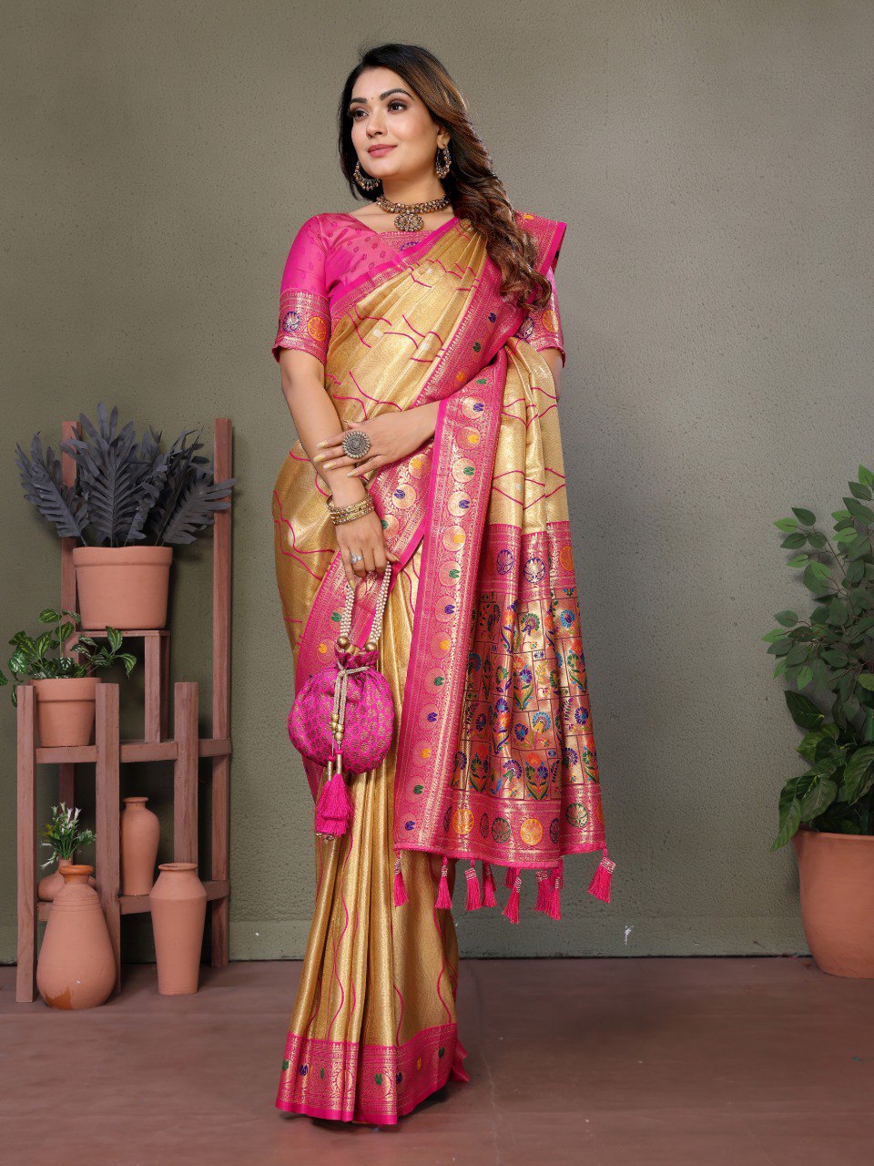 Anaita Light Golden Tissue Silk With Weaving Saree With Blouse