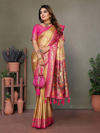 Anaita Light Golden Tissue Silk With Weaving Saree With Blouse