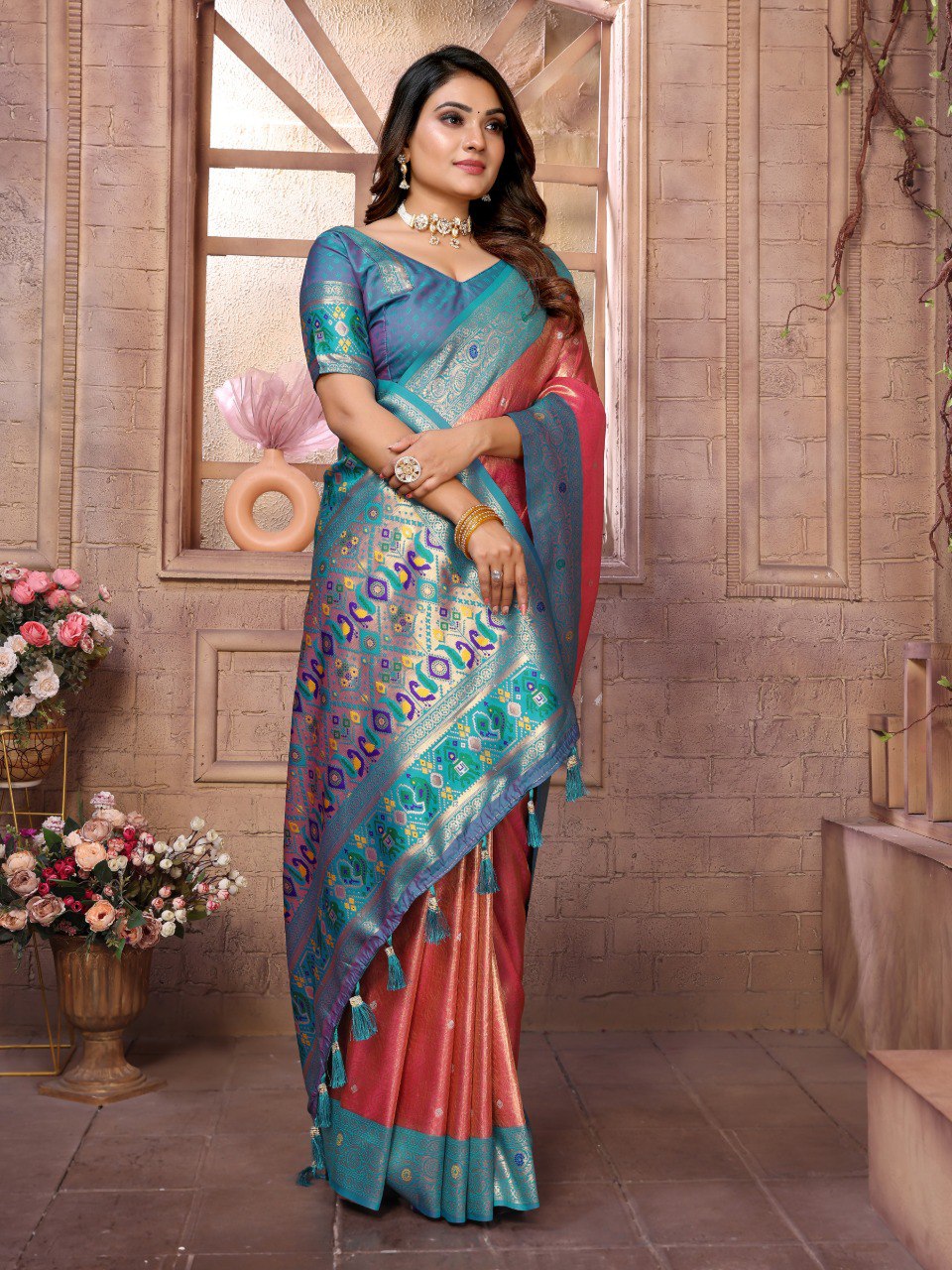 Anaita Light Red Tissue Silk With Weaving Saree With Blouse