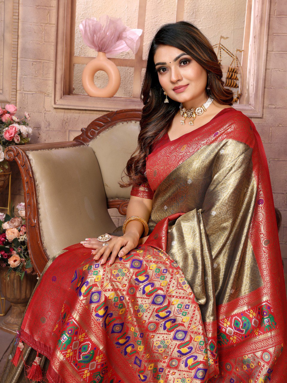 Anaita Dark Golden Tissue Silk With Weaving Saree With Blouse