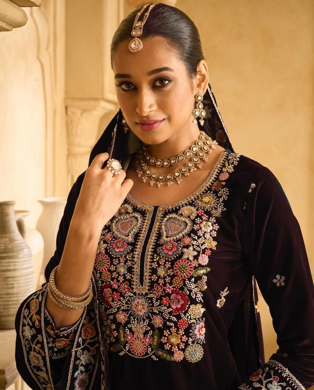 Anaita Maroon Embroidered Velvet Stitched Plazo Suit